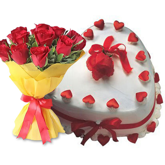 Lovable Heart Cake With Red Roses 1000