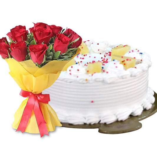 MouthMelting PineApple Cream Cake With Red Roses 1000