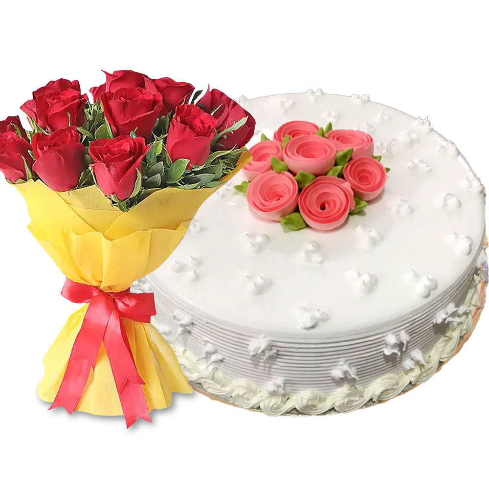Designer Vanilla Cake With Red Roses